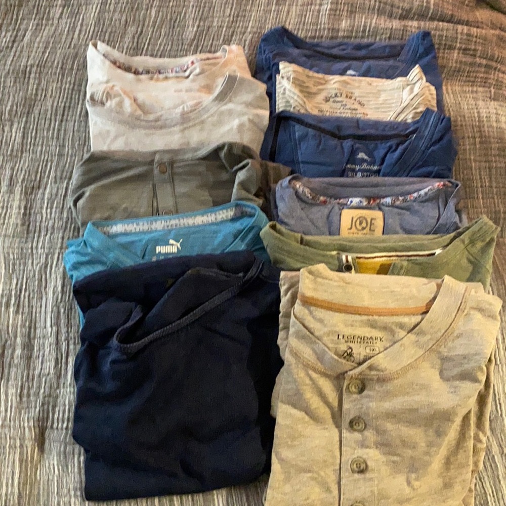 Assorted casual shirts. Some Henley short sleeves some regular shirt sleeve.